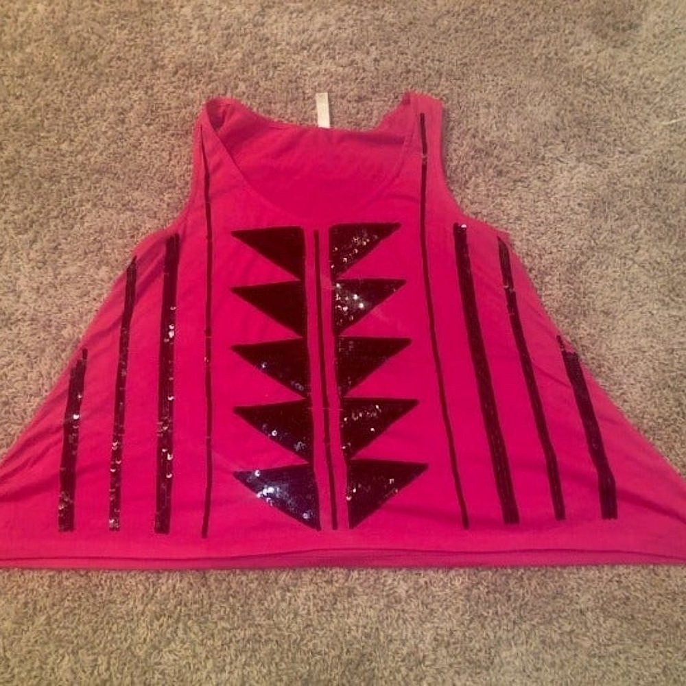 Pink Tank Top with Black Geometric Sequins, Medium Statement Sleeveless